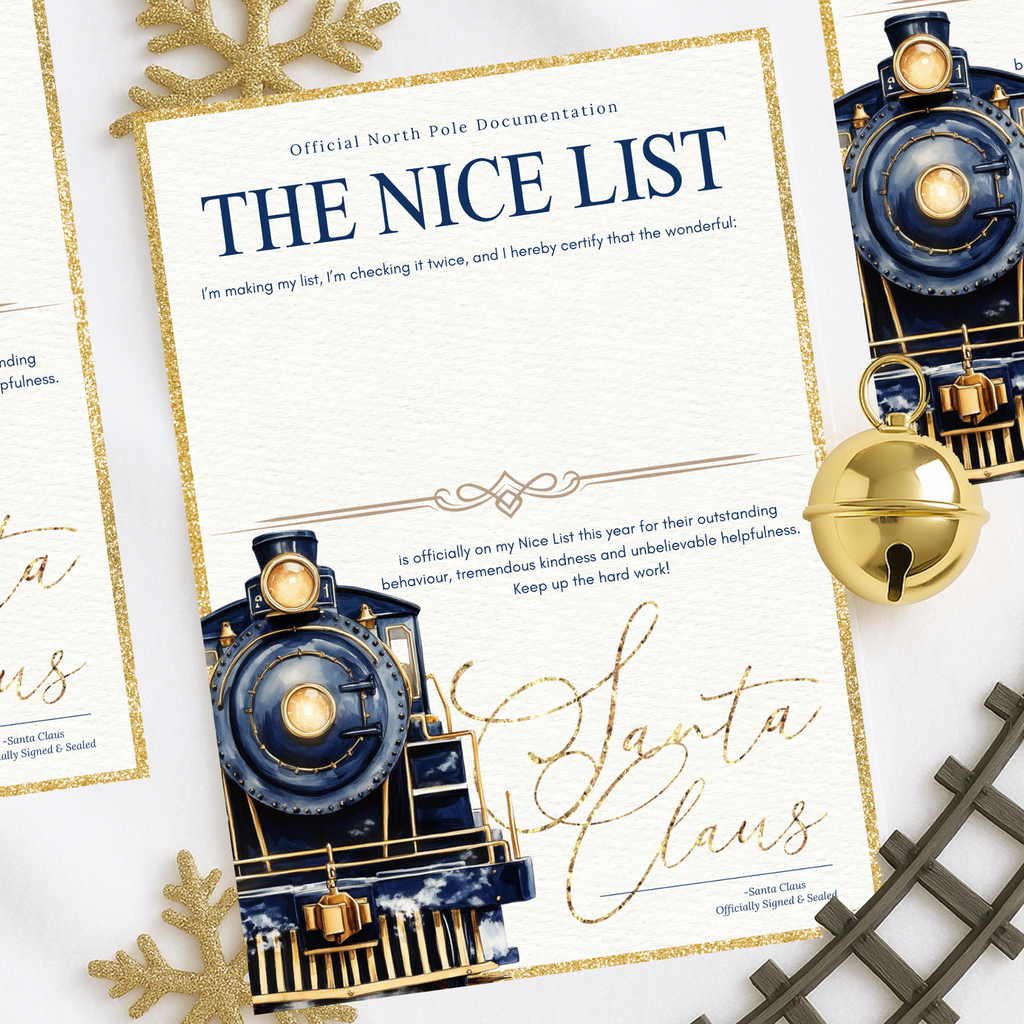 Personalised Nice List certificate with navy blue Christmas train design, signed by Santa Claus
