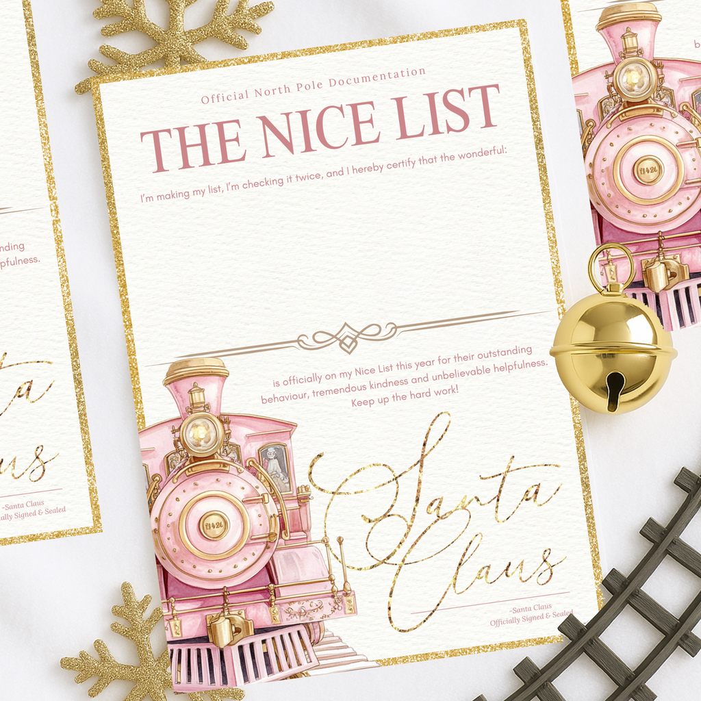 Personalised Nice List certificate with pink Christmas train design, signed by Santa Claus
