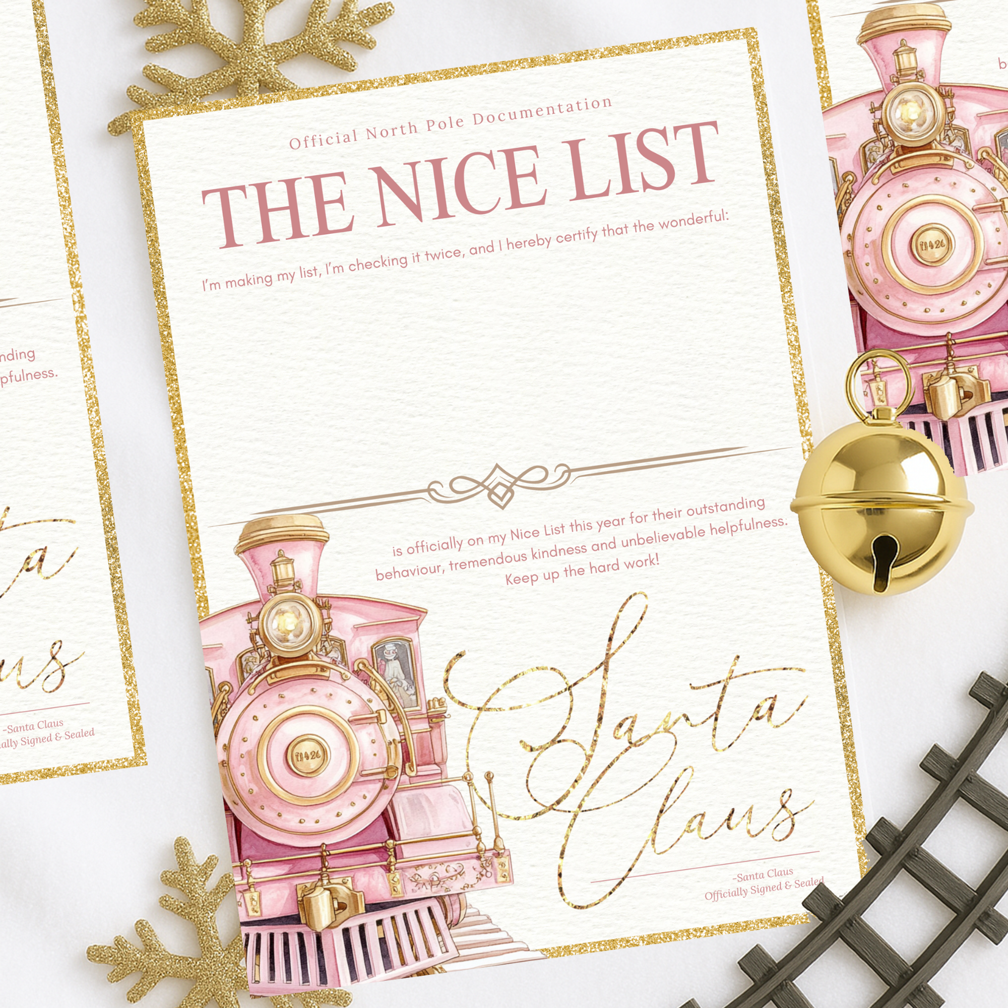 Personalised Nice List certificate with pink Christmas train design, signed by Santa Claus