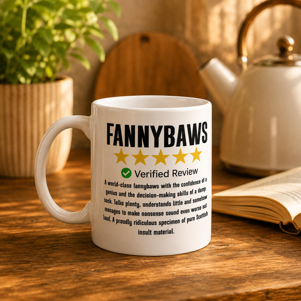 Fannybaws Scottish slang mug – funny five-star review print