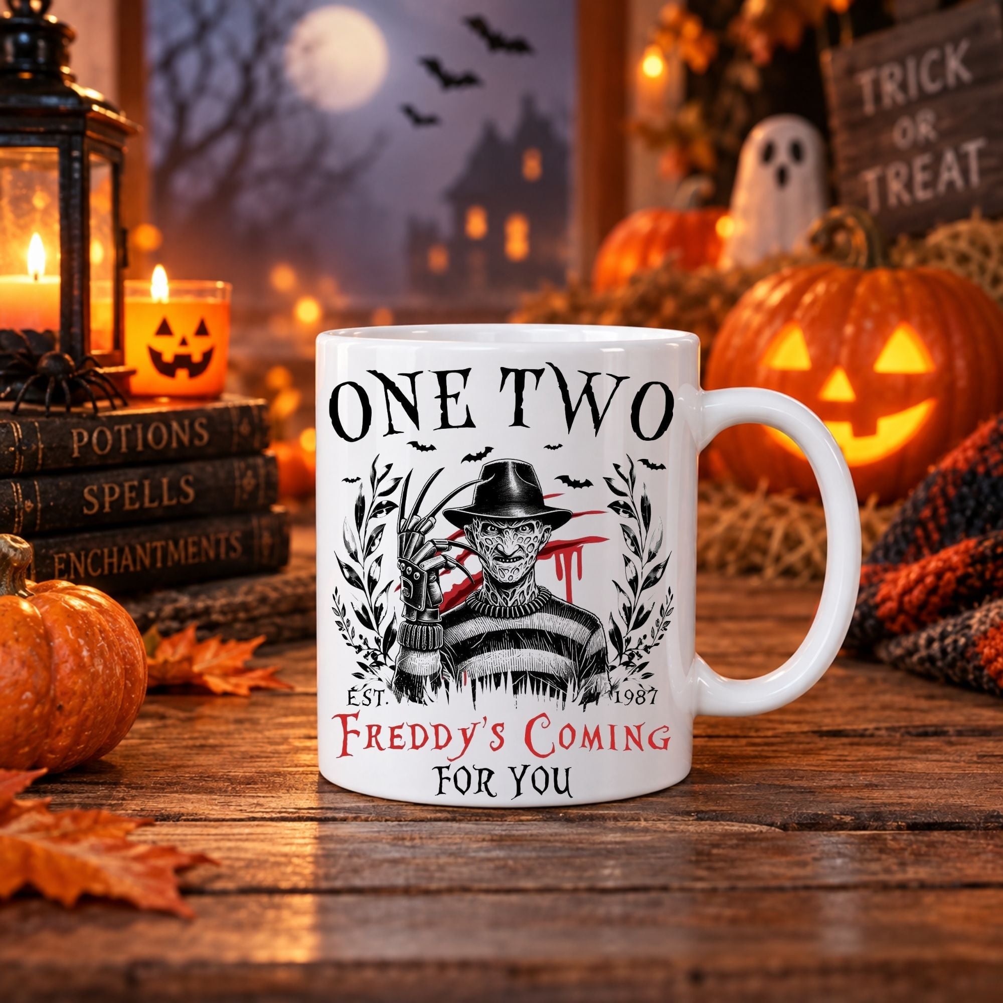 White 11oz Halloween scary movie mug with striped sweater dream demon design and "Freddy's Coming For You" text