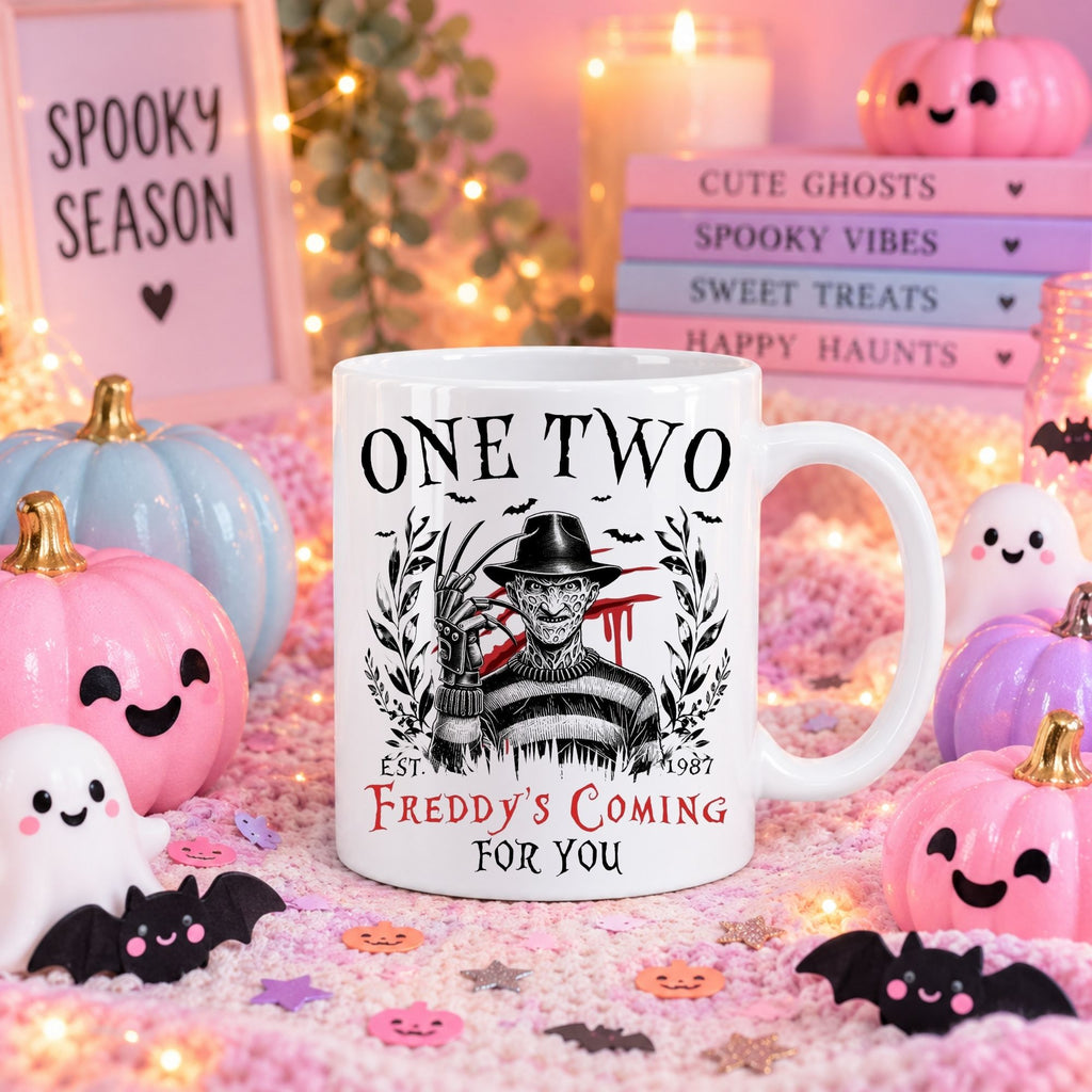 A white ceramic mug with a Freddy Krueger graphic and the text 'ONE TWO' and 'FREDDY'S COMING FOR YOU', styled on a pink Halloween-themed surface with pumpkins, candles, and decorative signs.