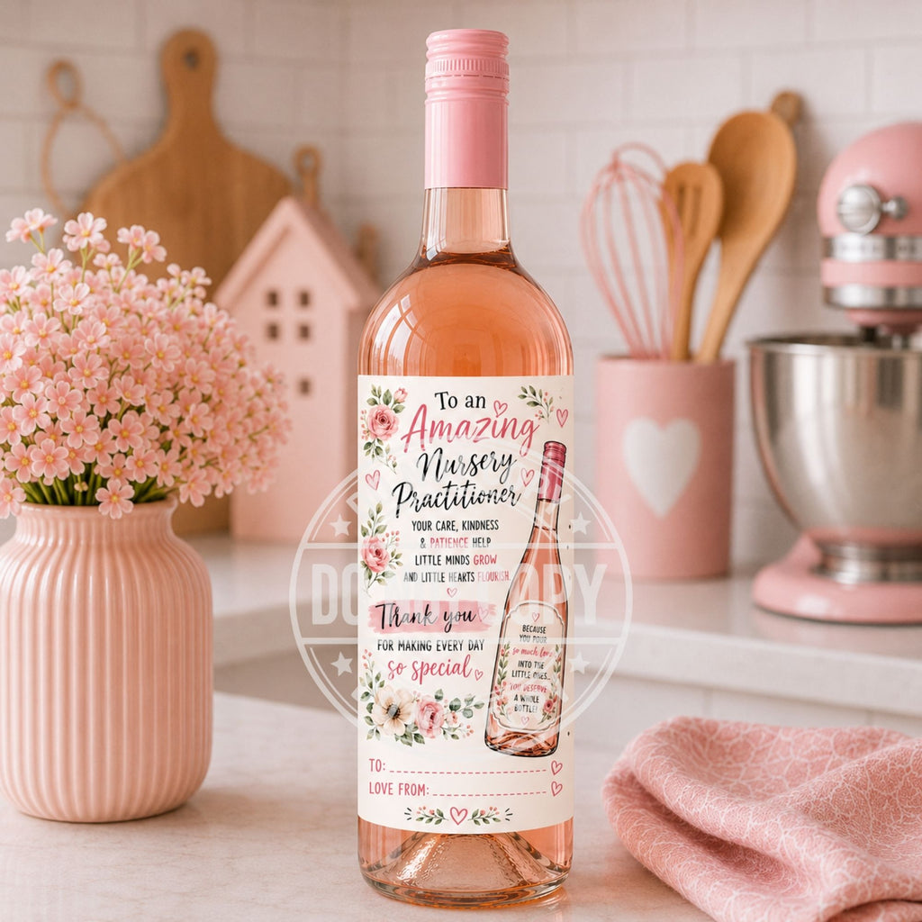 Funny Nursery Practitioner Wine Labels | Glossy Easy Peel Bottle Stickers | End of Term Teacher Gift