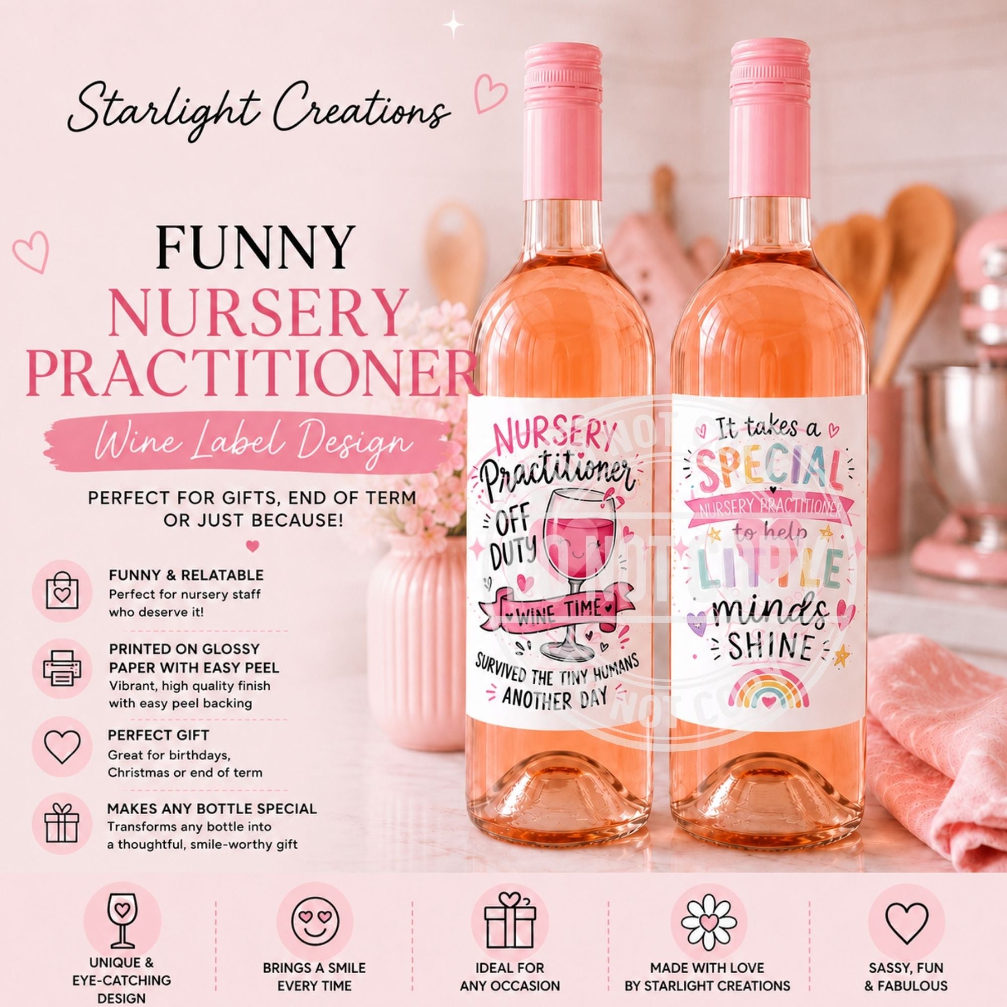 Funny Nursery Practitioner Wine Labels | Glossy Easy Peel Bottle Stickers | End of Term Teacher Gift