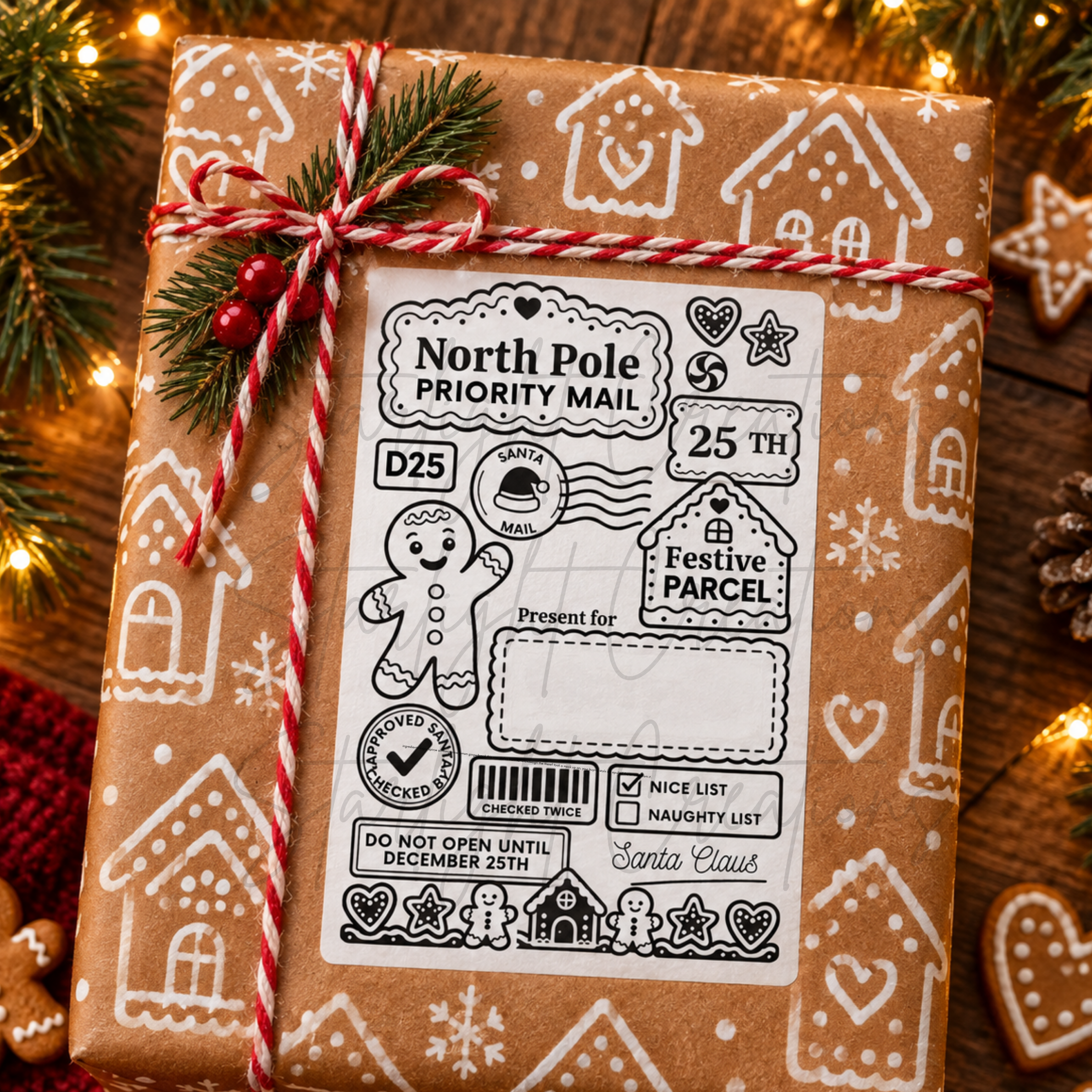 A wrapped gift box in brown kraft paper with gingerbread house illustrations, tied with red-and-white striped twine and a pine sprig, featuring a large white 'North Pole Priority Mail' label on the front. The scene is styled with holiday lights, evergreen branches, and gingerbread cookies.