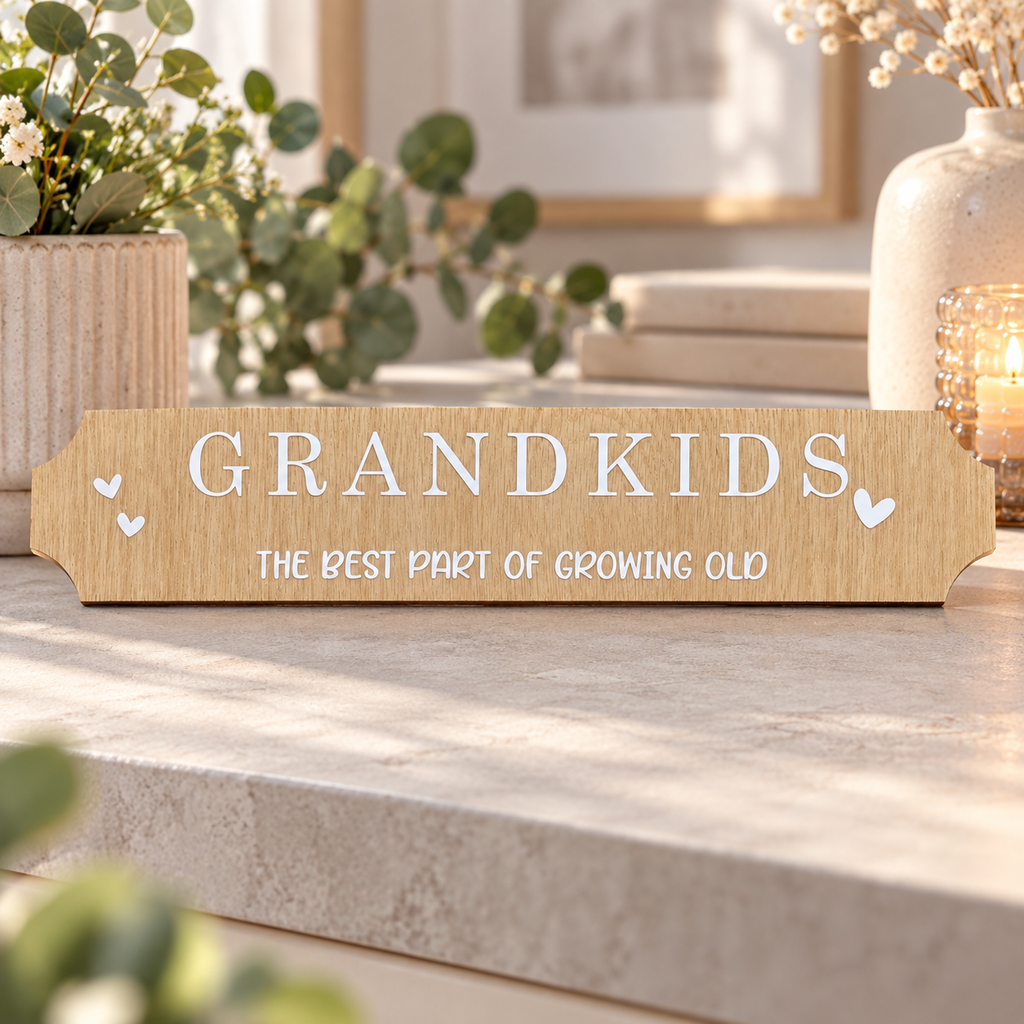 Wooden Grandkids street sign with white lettering and hearts, reading “The best part of growing old