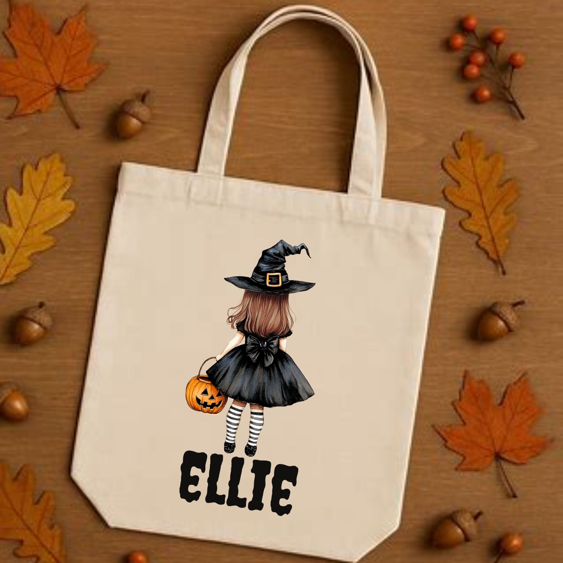 Personalised Halloween Trick or Treat Tote Bag | Custom Witch Pumpkin Bag with Name