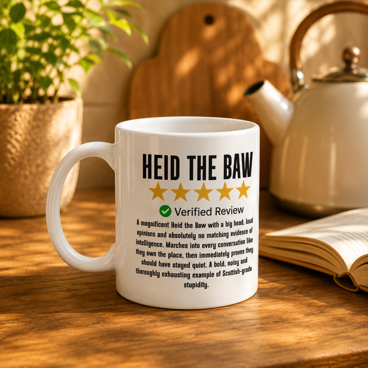 Heid the Baw Scottish slang mug – funny five-star review print