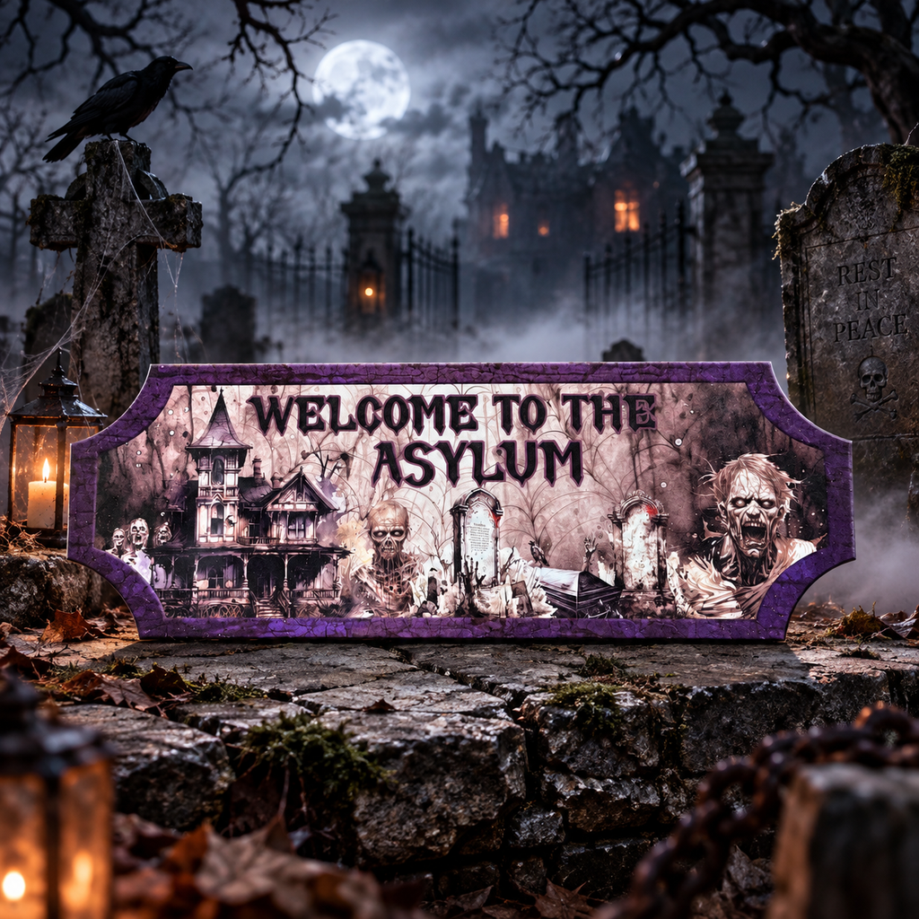 A Halloween-themed decorative sign reading 'WELCOME TO THE ASYLUM' with a purple border and grim reaper imagery, displayed in a spooky graveyard scene with tombstones, a full moon, and a haunted house in the background.