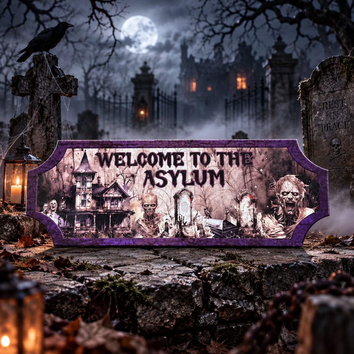 A Halloween-themed decorative sign reading 'WELCOME TO THE ASYLUM' with a purple border and grim reaper imagery, displayed in a spooky graveyard scene with tombstones, a full moon, and a haunted house in the background.