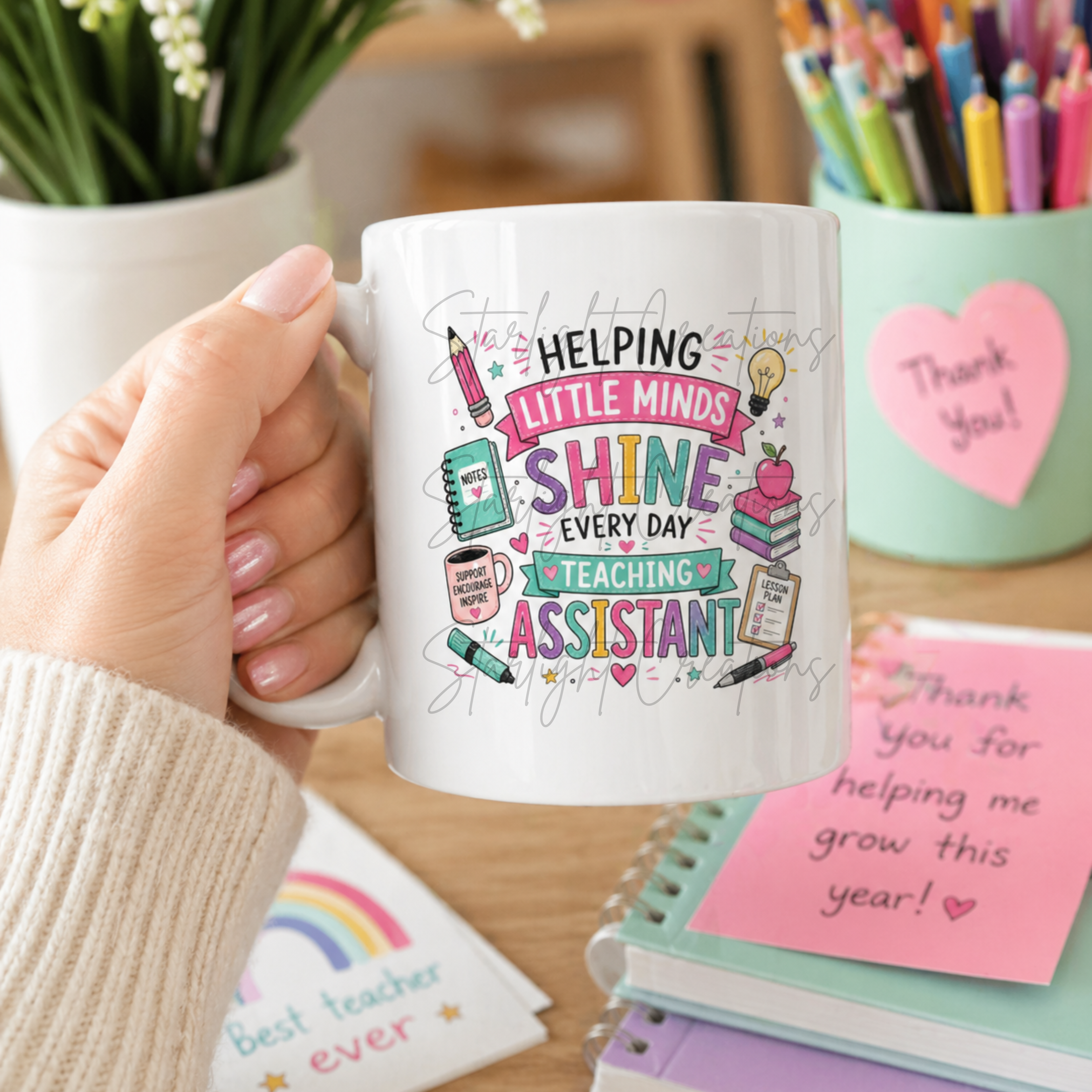 Teaching assistant thank you mug with 'Helping Little Minds Shine Every Day' design