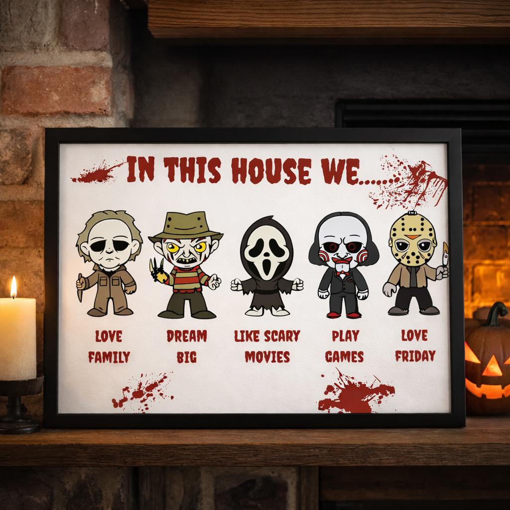 In This House We horror movie A4 print featuring five classic slasher movie villains, funny scary movie wall art on glossy card