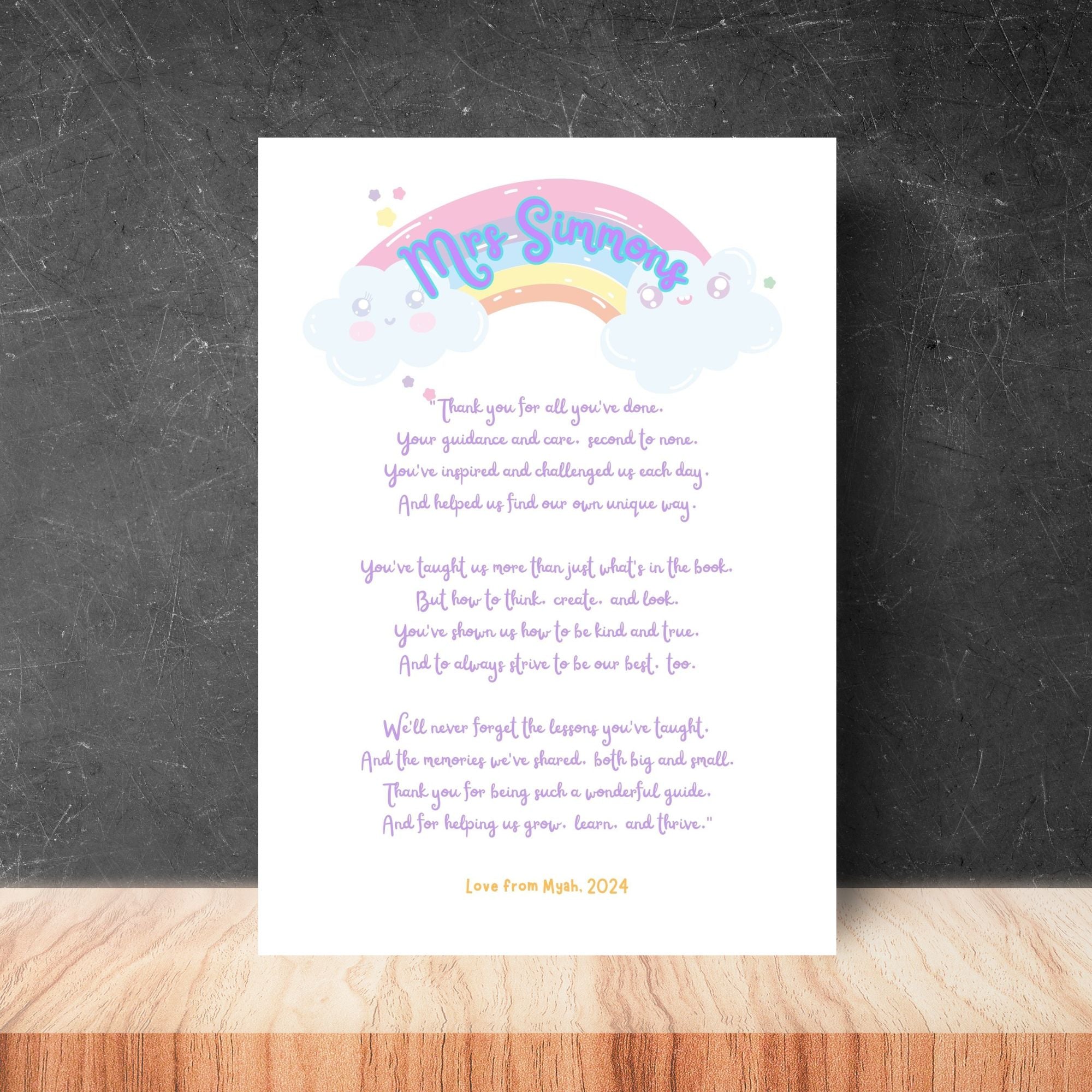 Personalised A4 Teacher Thank You Print – End of Year Teacher Gift