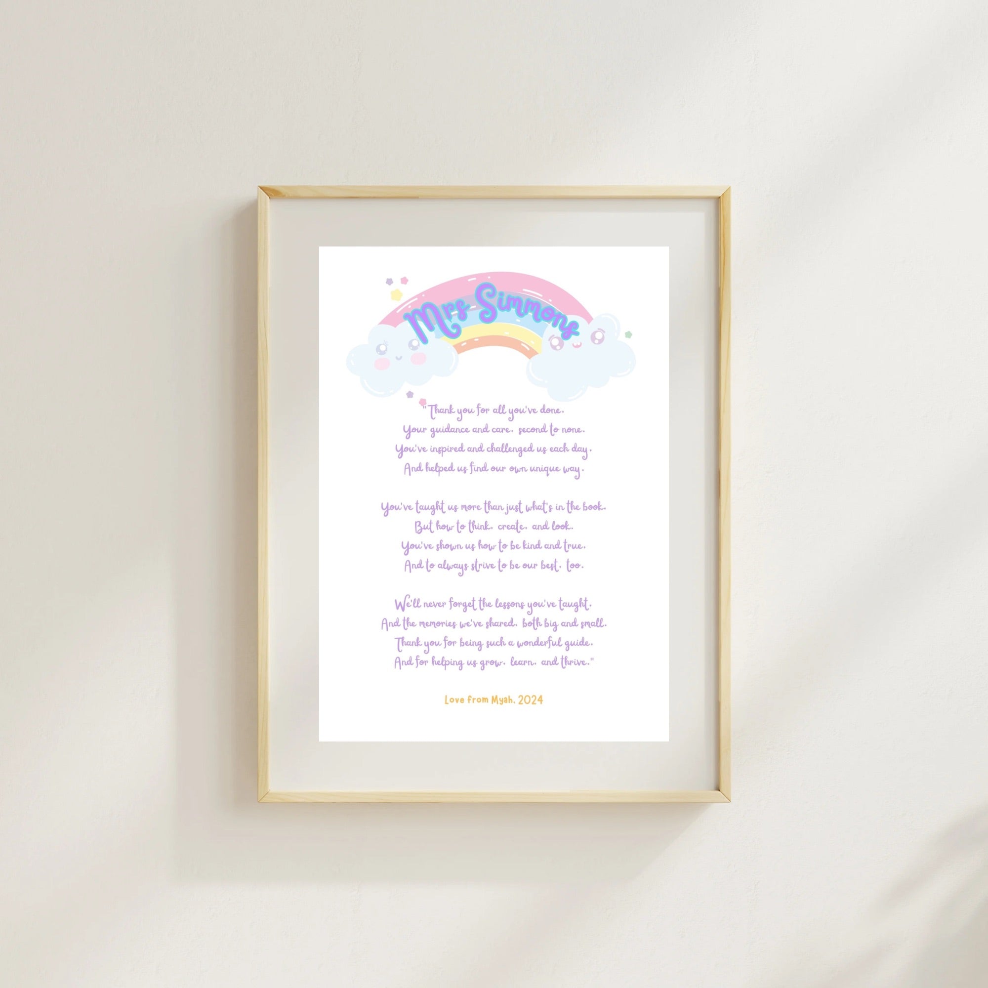 Personalised A4 Teacher Thank You Print – End of Year Teacher Gift