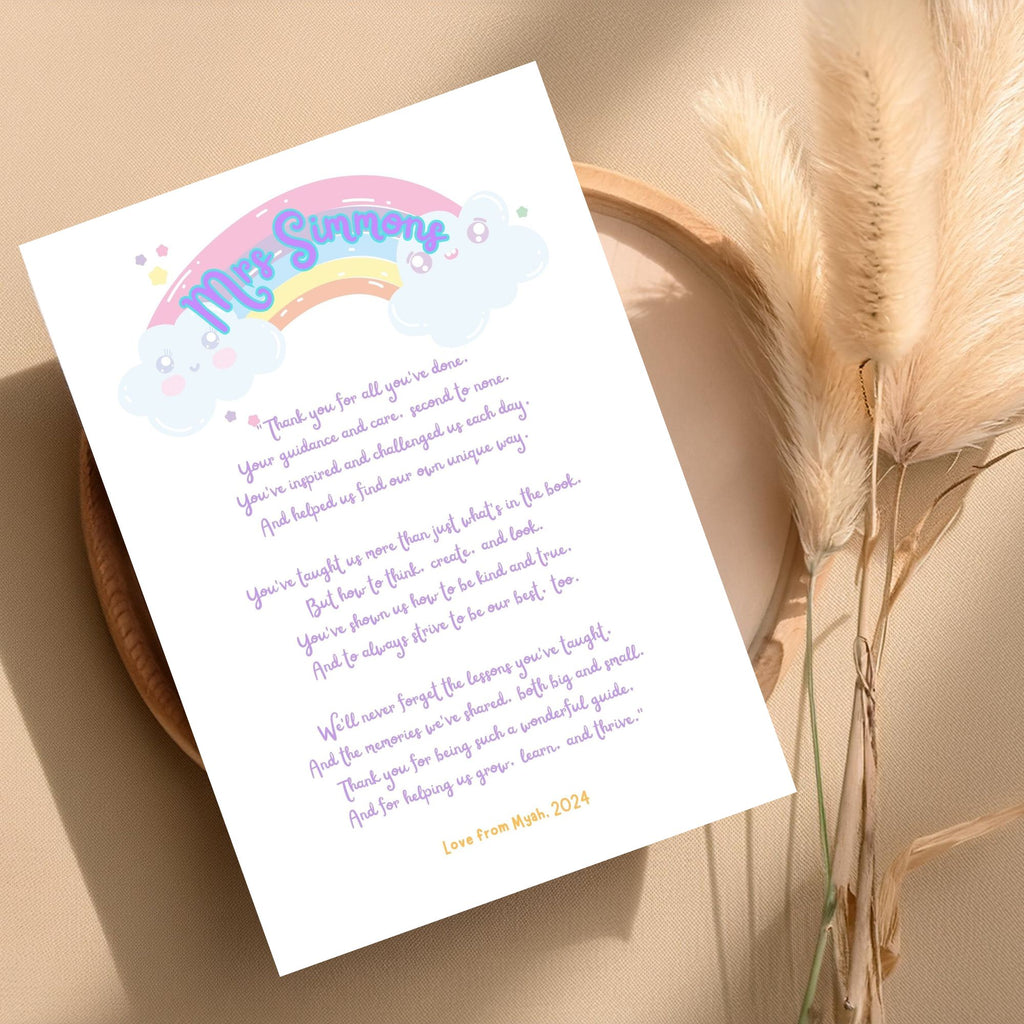 Personalised A4 Teacher Thank You Print – End of Year Teacher Gift
