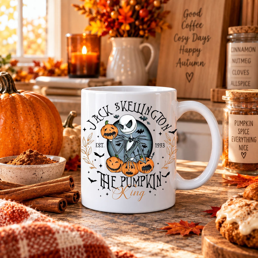 White 11oz Halloween scary movie mug with trick-or-treat trio in a bathtub design and spooky delivery text