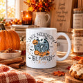 White 11oz Halloween scary movie mug with trick-or-treat trio in a bathtub design and spooky delivery text
