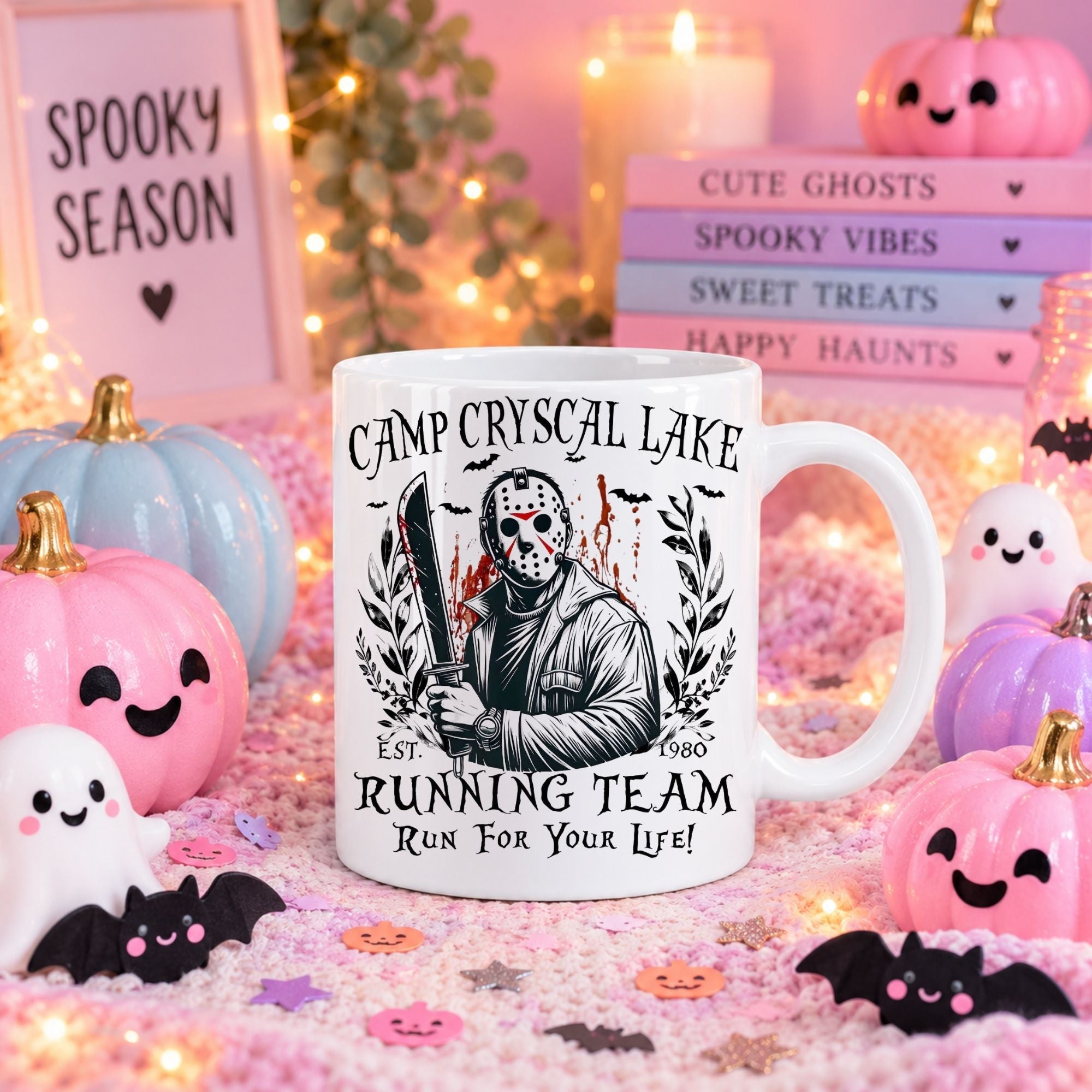 A white ceramic mug printed with a black horror-themed graphic reading 'Camp Crystalscail Lake Running Team' and 'Run for Your Life!', styled in a Halloween-themed scene with pink pumpkins, candles, and spooky props.