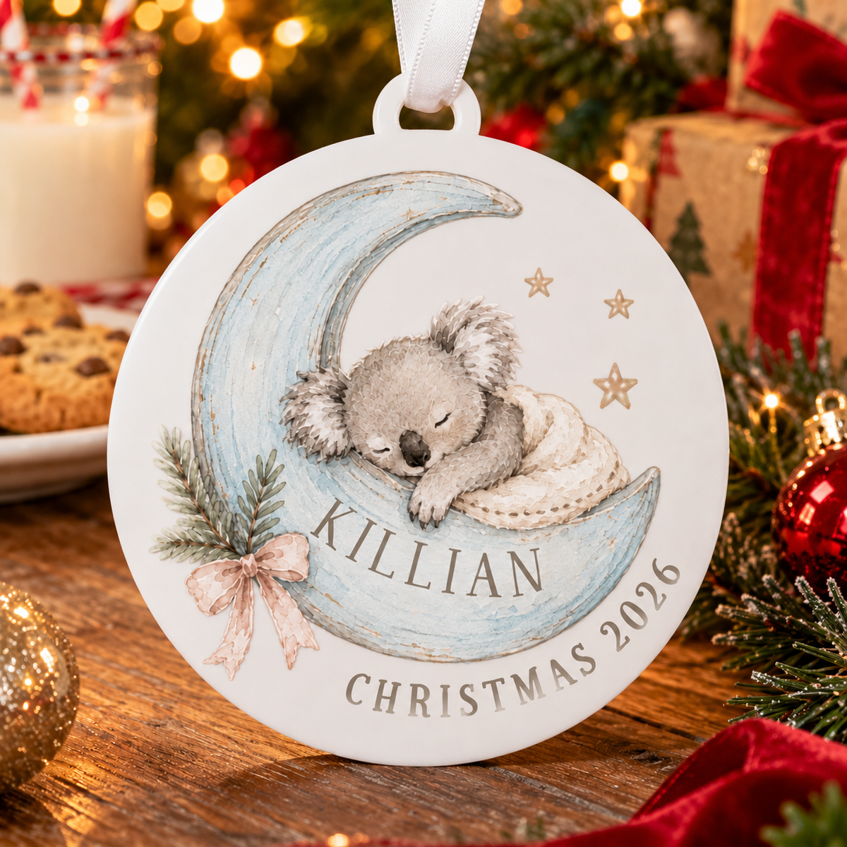 Personalised acrylic koala bauble with a baby’s name and Christmas 2026, hanging among festive lights and treats