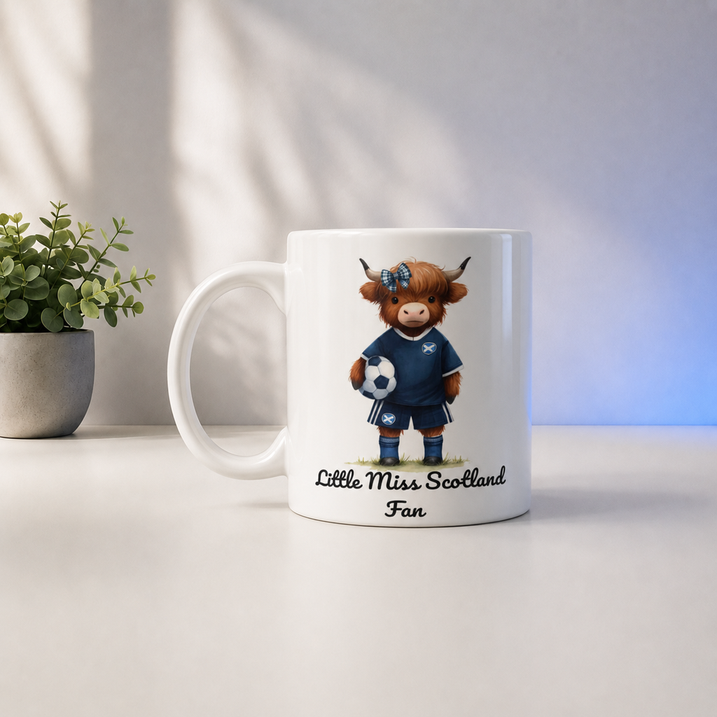 Little Miss Scotland Fan Mug – Highland Cow Scotland Football Ceramic Mug – Scottish Gift for Girls
