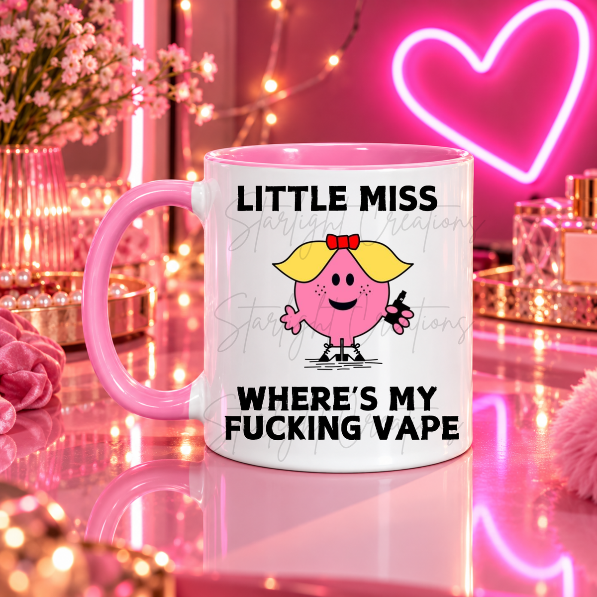 funny christmas mug with where’s my f***ing vape design, pink handle, Little Miss