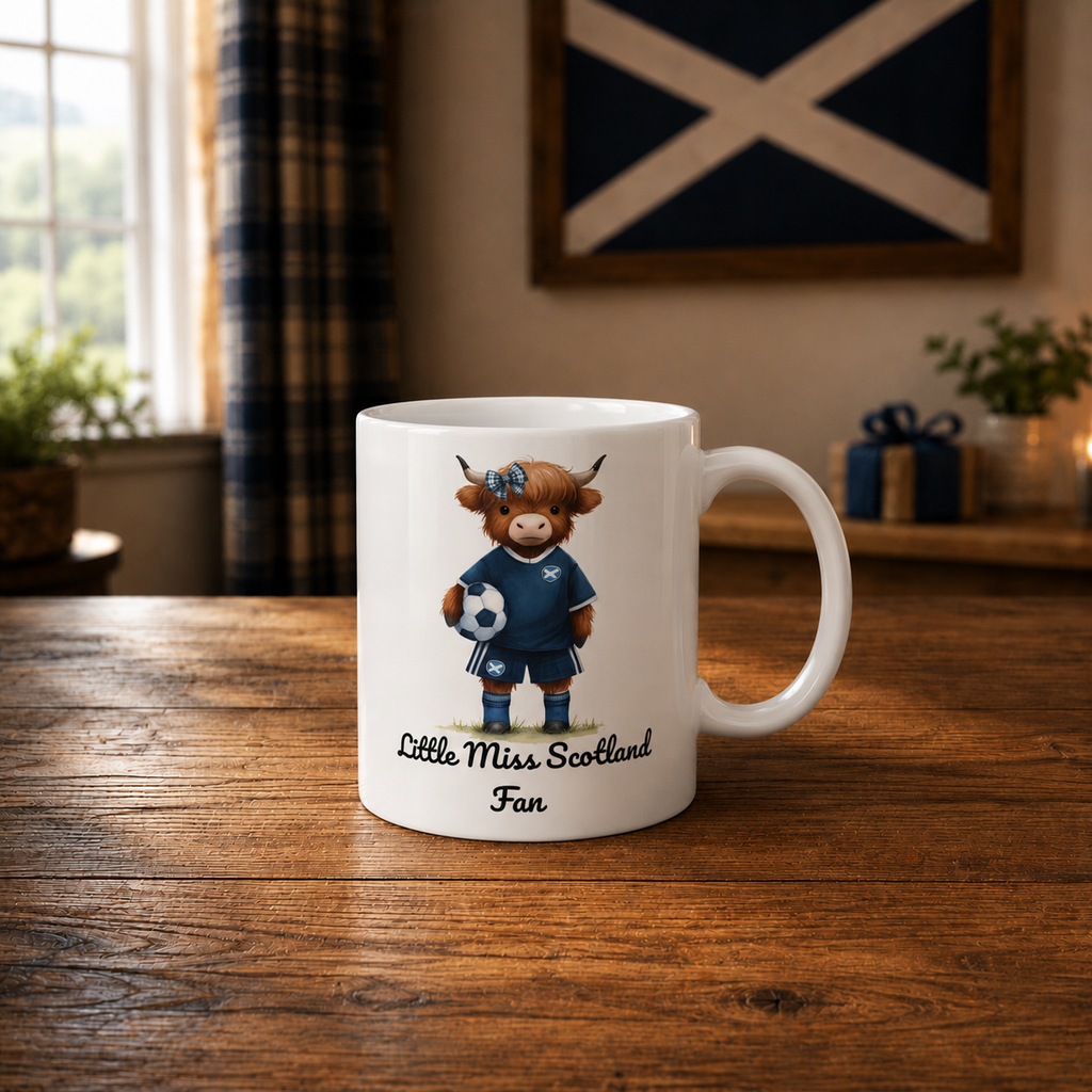 Little Miss Scotland Fan Mug – Highland Cow Scotland Football Ceramic Mug – Scottish Gift for Girls
