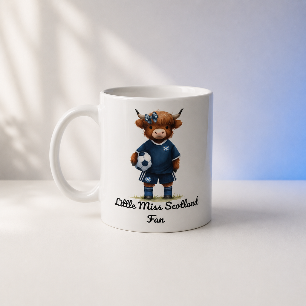Little Miss Scotland Fan Mug – Highland Cow Scotland Football Ceramic Mug – Scottish Gift for Girls