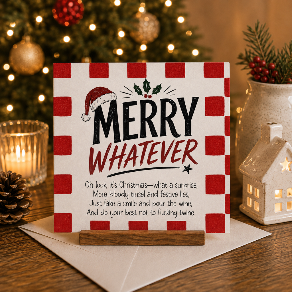 Merry Whatever funny cheeky Christmas card with red gingham border, Santa hat and holly illustration, standing on a wooden card holder next to a white envelope