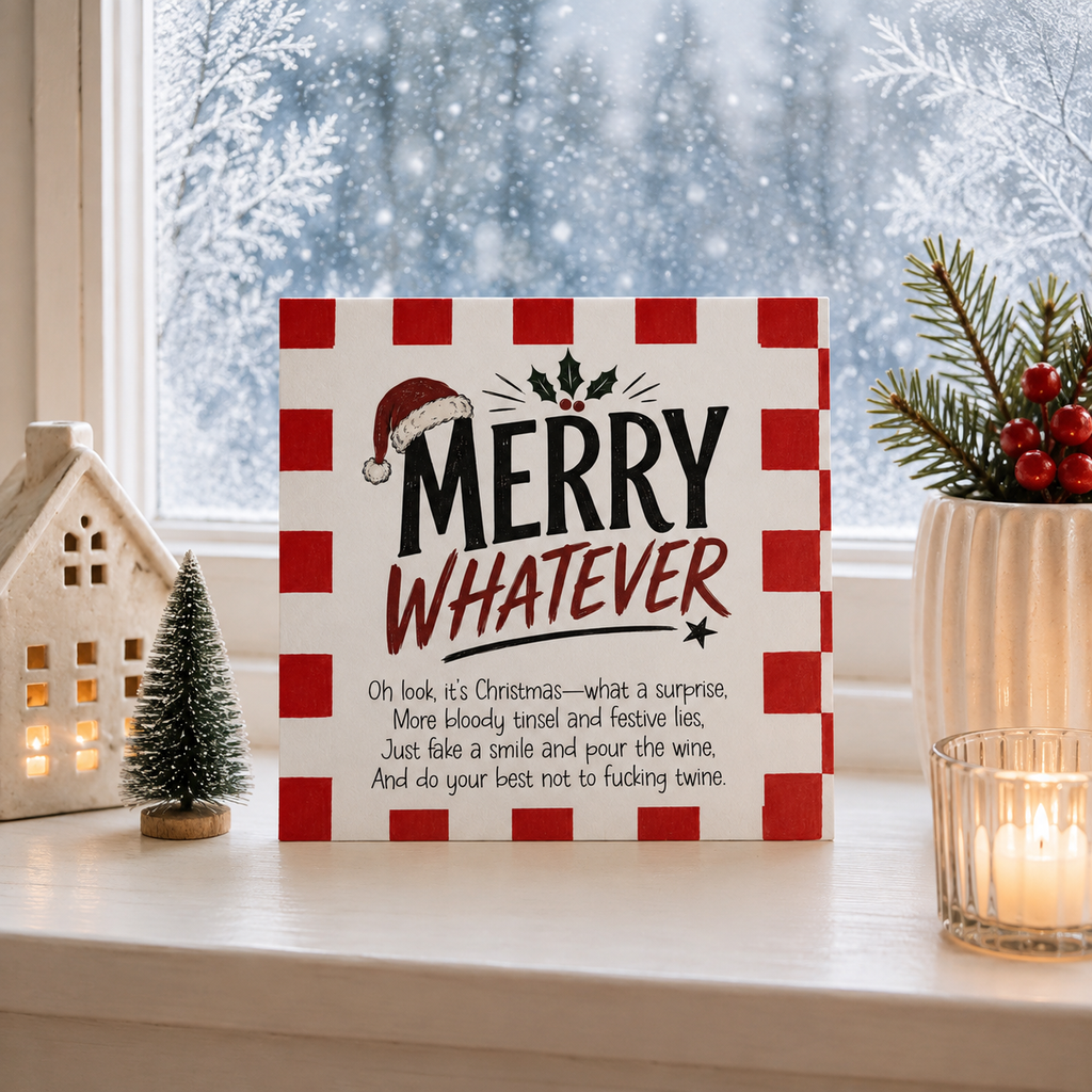 A square Christmas sign with red and white stripes and the text 'MERRY WHATEVER' sits on a windowsill. The sign has a humorous poem printed below.