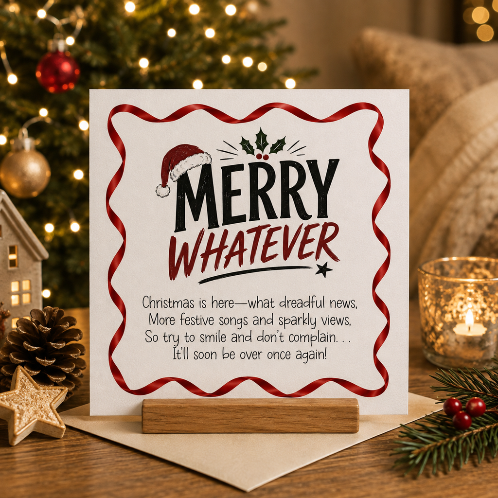 Merry Whatever funny cheeky Christmas card with Santa hat and holly design, standing on a wooden card holder with a cream envelope, festive Christmas tree background