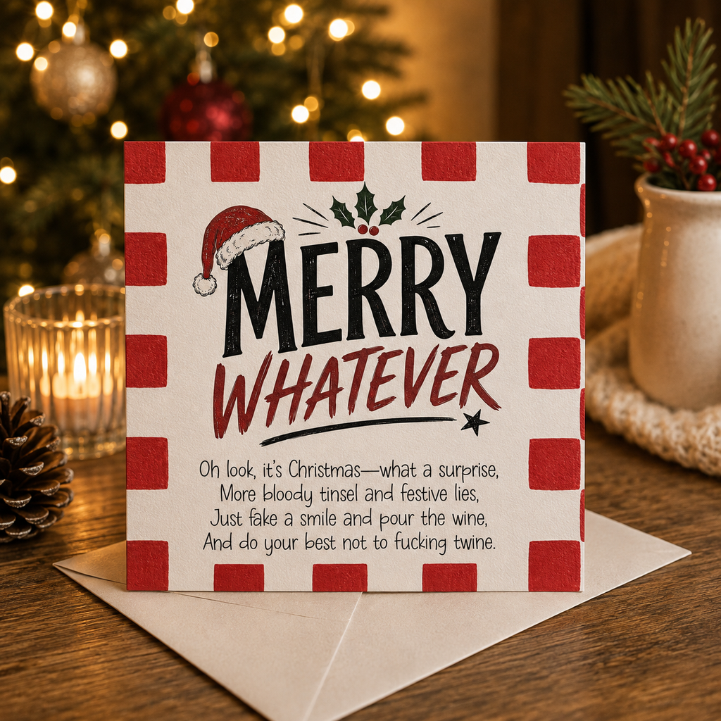A square Christmas greeting card with a red and white checkered border, featuring the text 'MERRY WHATEVER' and a humorous poem underneath. The card is displayed on a wooden table with an envelope, set against a cozy holiday background with a blurred Christmas tree and warm lights.