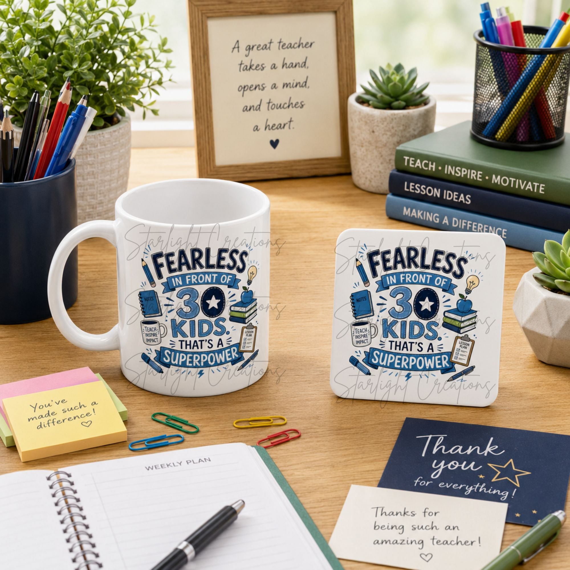 Teacher Mug & Coaster Gift Set – End of Term Teacher Thank You Mug – Fearless In Front Of 30 Kids – Teacher Appreciation Gift