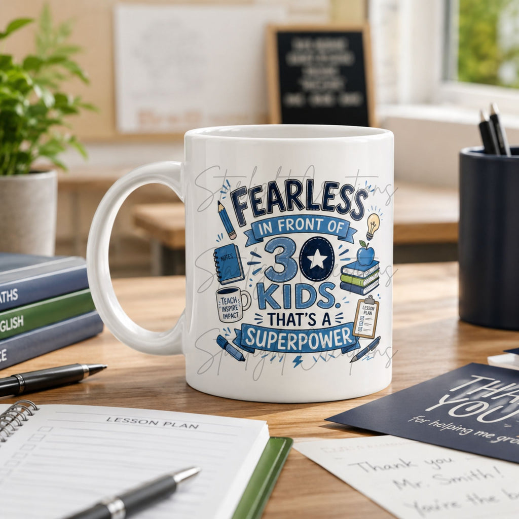 Teacher Mug & Coaster Gift Set – End of Term Teacher Thank You Mug – Fearless In Front Of 30 Kids – Teacher Appreciation Gift