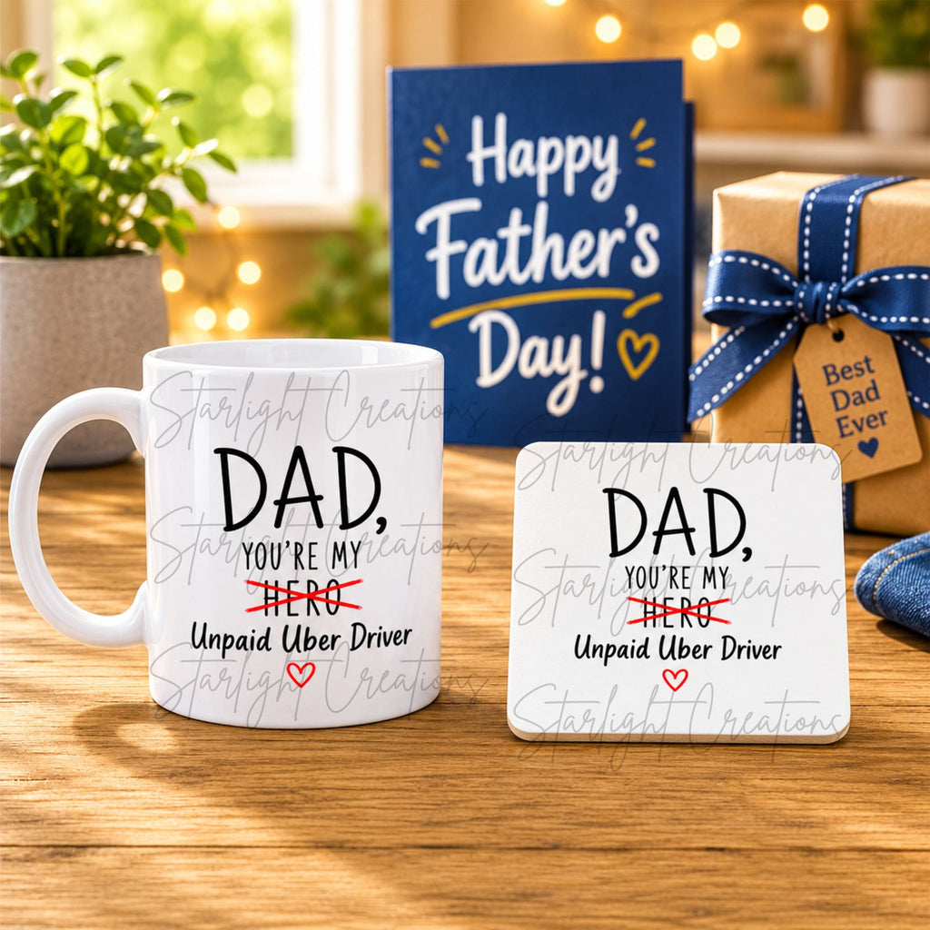 Funny Dad Mug & Coaster Set – “Unpaid Uber Driver” Father’s Day Gift