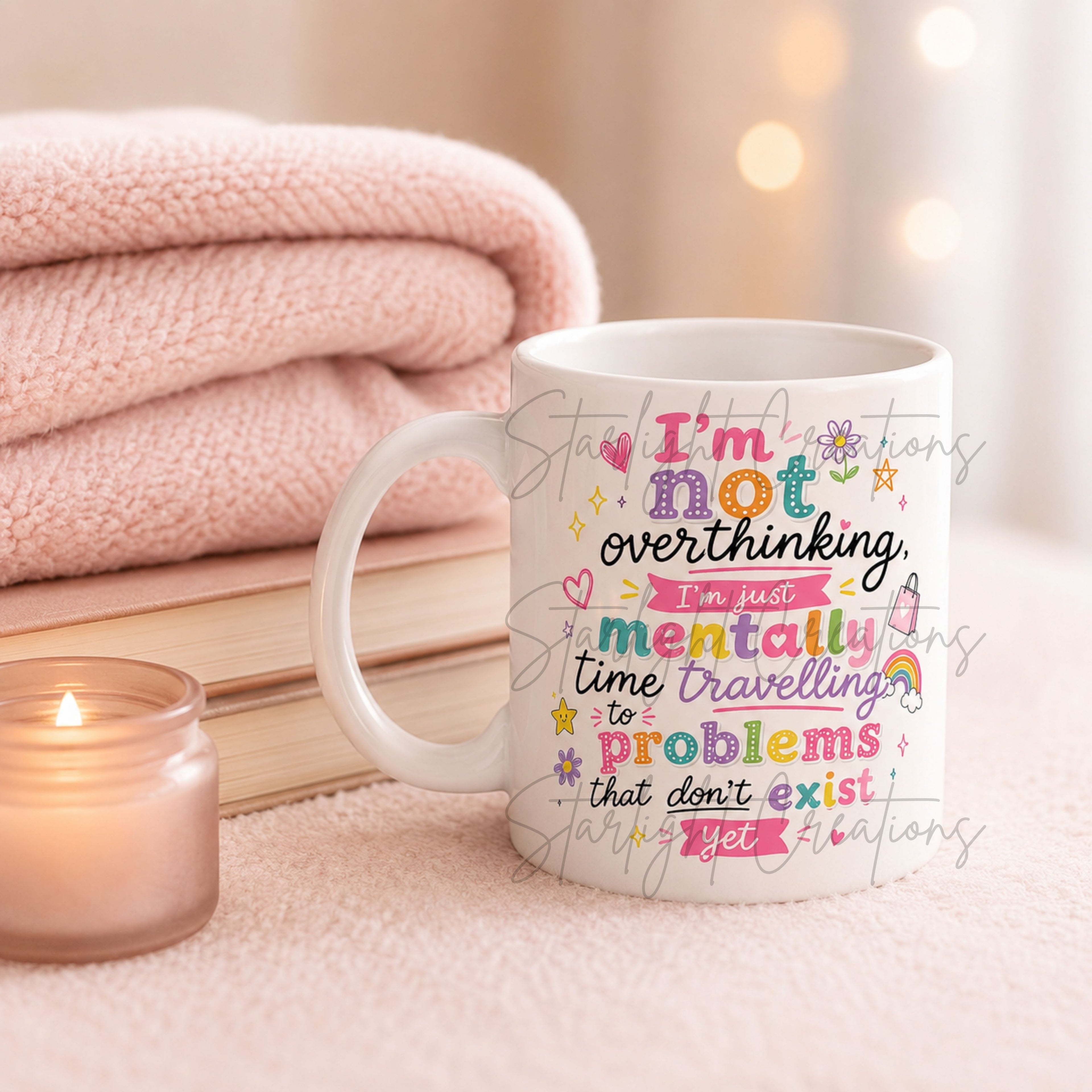 Funny Overthinking Mug – “I’m Not Overthinking, I’m Just Mentally Time Travelling to Problems That Don’t Exist Yet” | Cute Anxiety Coffee Cup Gift | 11oz Ceramic Mug