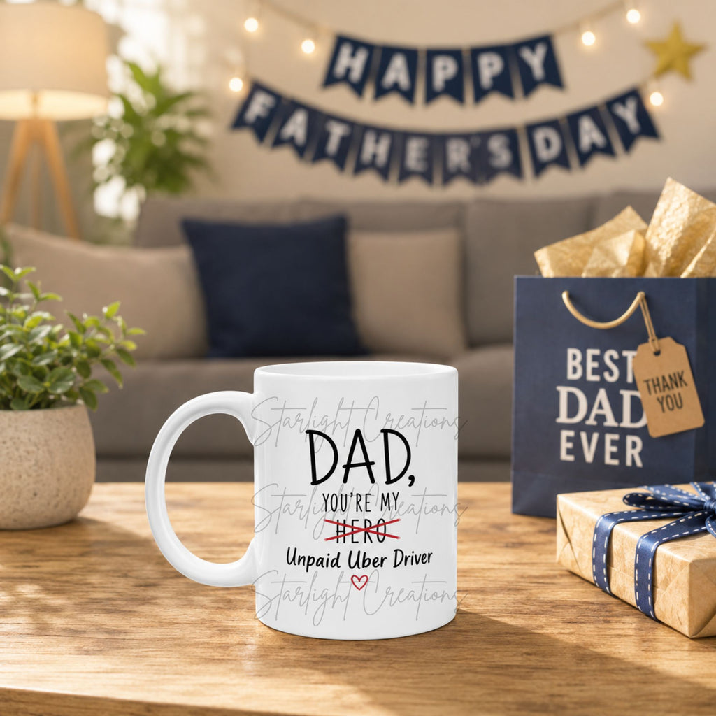 Funny Dad Mug & Coaster Set – “Unpaid Uber Driver” Father’s Day Gift
