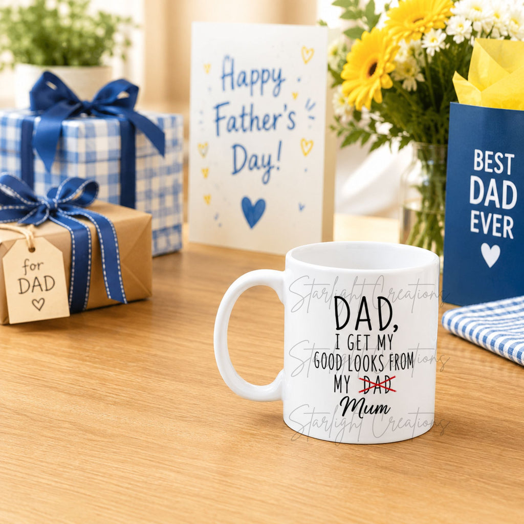 Funny Father’s Day Mug & Coaster Set – Dad I Get My Good Looks From My Mum – Ceramic Mug Gift for Dad