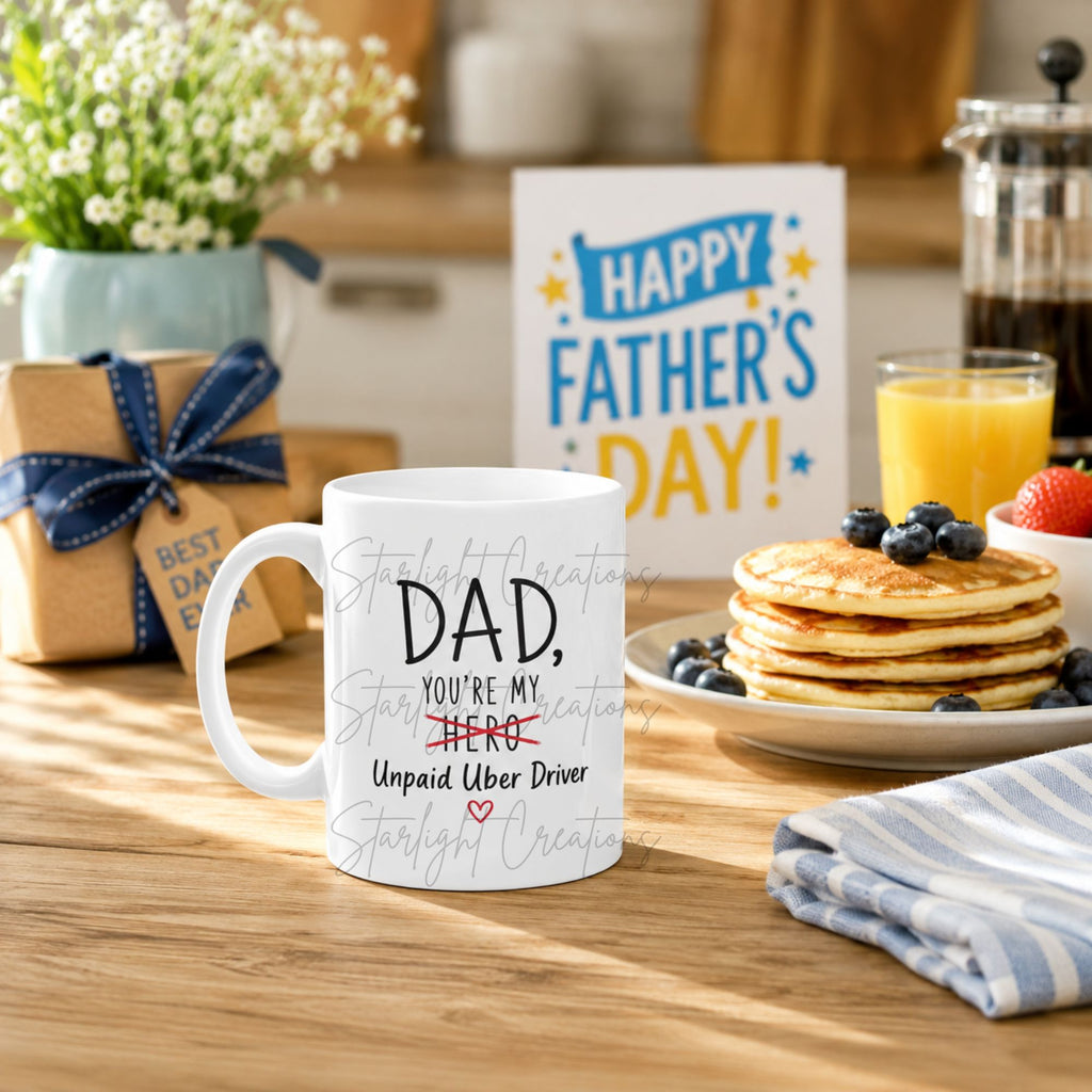 Funny Dad Mug & Coaster Set – “Unpaid Uber Driver” Father’s Day Gift
