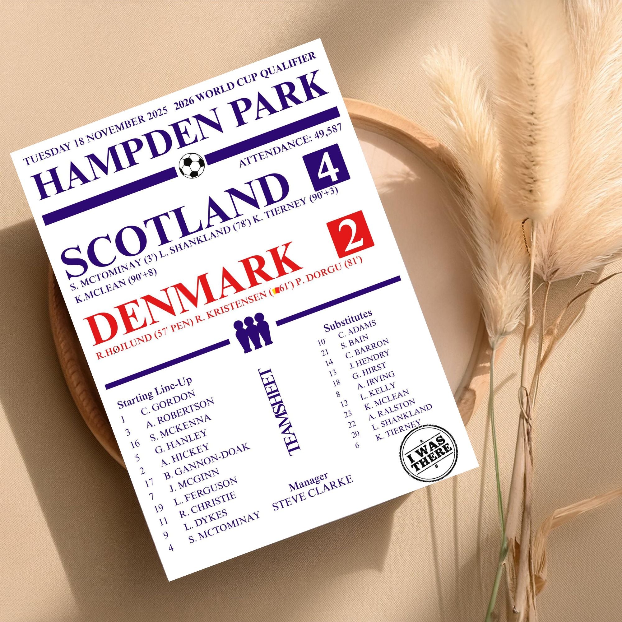 Scotland 4–2 Denmark Match Print | Hampden Park Football Score Poster | A4 Unframed Scotland Football Gift