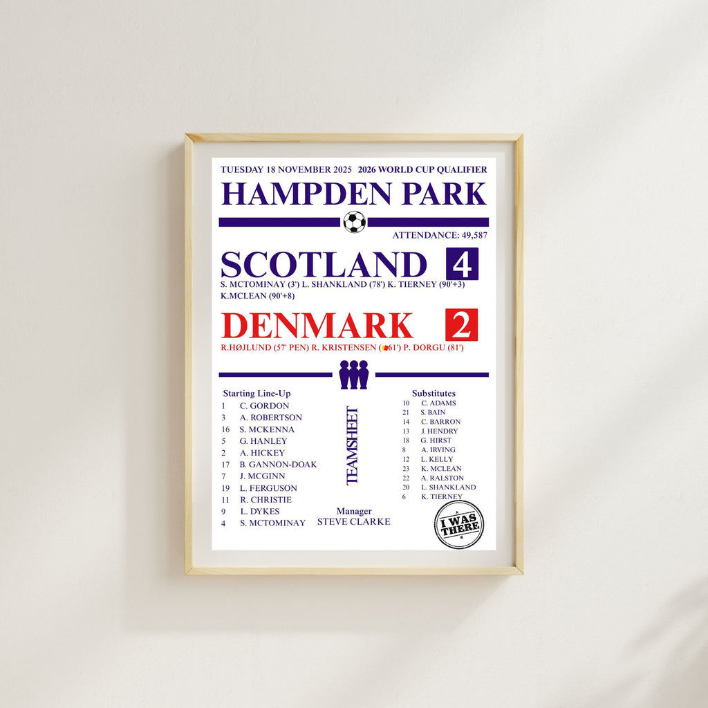 Scotland 4–2 Denmark Match Print | Hampden Park Football Score Poster | A4 Unframed Scotland Football Gift