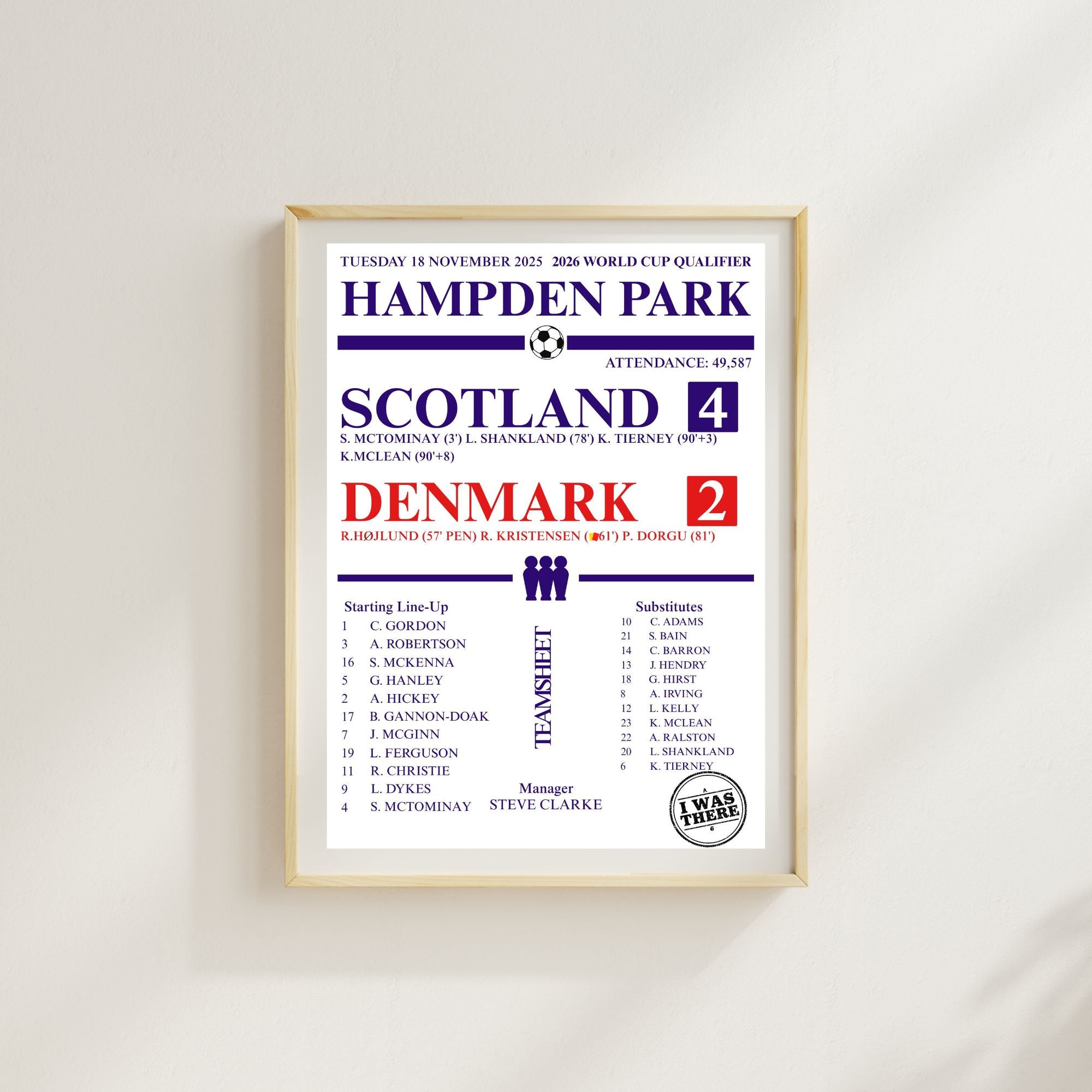 Scotland 4–2 Denmark Match Print | Hampden Park Football Score Poster | A4 Unframed Scotland Football Gift