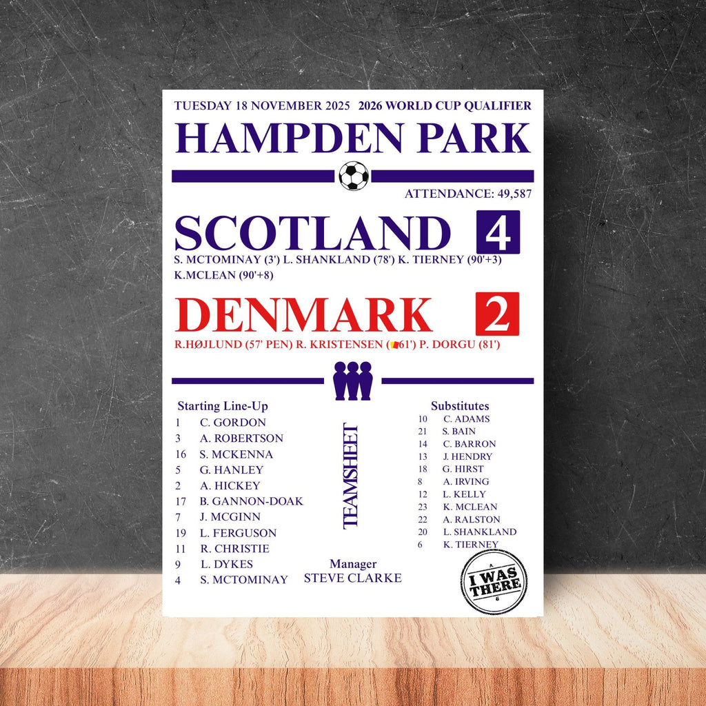 Scotland 4–2 Denmark Match Print | Hampden Park Football Score Poster | A4 Unframed Scotland Football Gift