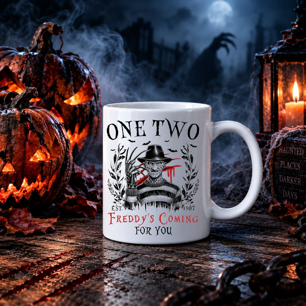 A white ceramic mug with a Halloween-themed graphic print of Freddy Krueger and the text 'ONE TWO' and 'FREDDY'S COMING FOR YOU', displayed on a rustic wooden surface surrounded by carved pumpkins, a lantern, and a spooky night background.
