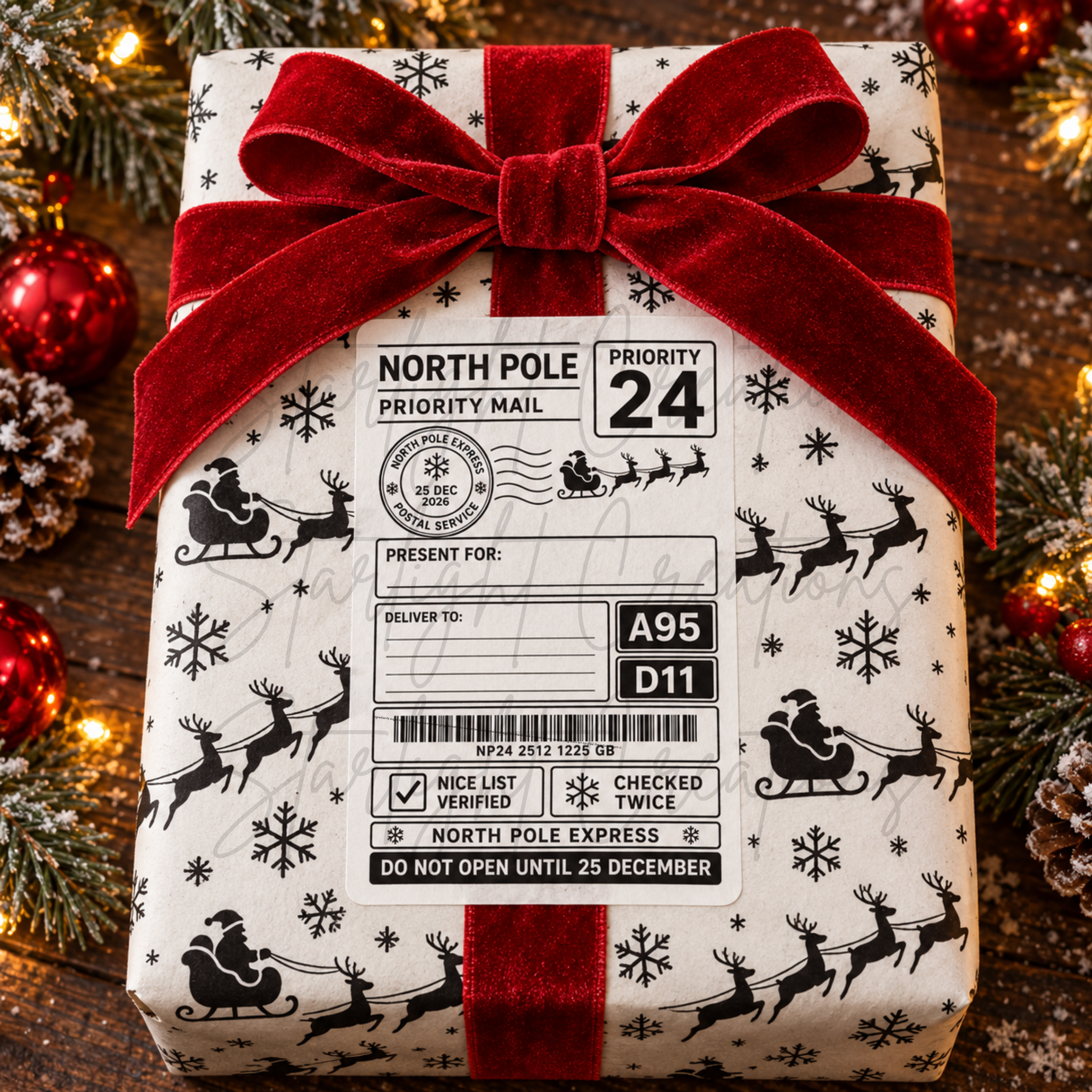 A wrapped Christmas gift box with a large red velvet bow, featuring North Pole Express priority mail wrapping paper with black reindeer and snowflake designs. The box is set on a rustic wooden surface surrounded by pine branches, red ornaments, and warm string lights.