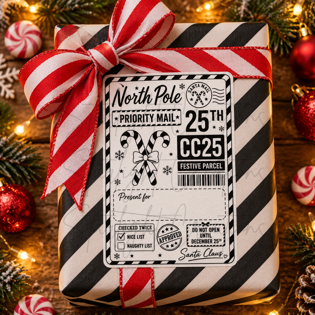 A Christmas-themed gift box wrapped in black and white diagonal stripes with a large red and white striped bow. A decorative front label reads 'North Pole Priority Mail 25th Festive Parcel' with candy cane illustrations.