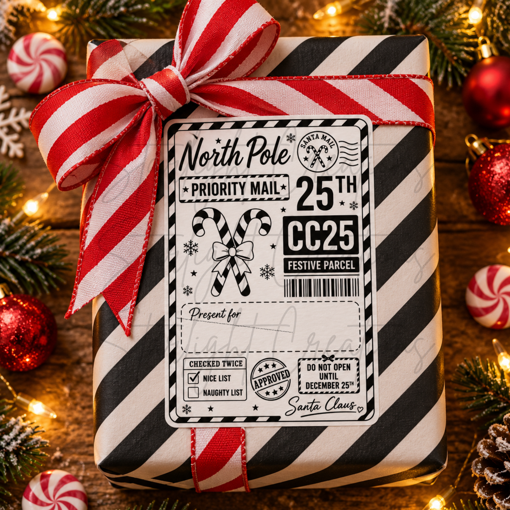 A wrapped gift box with black-and-white diagonal stripes, tied with a large red-and-white striped ribbon bow, and covered with a vintage-style North Pole priority mail label. The box is photographed on a wooden surface surrounded by holiday lights, pine branches, candy canes, and red ornaments.