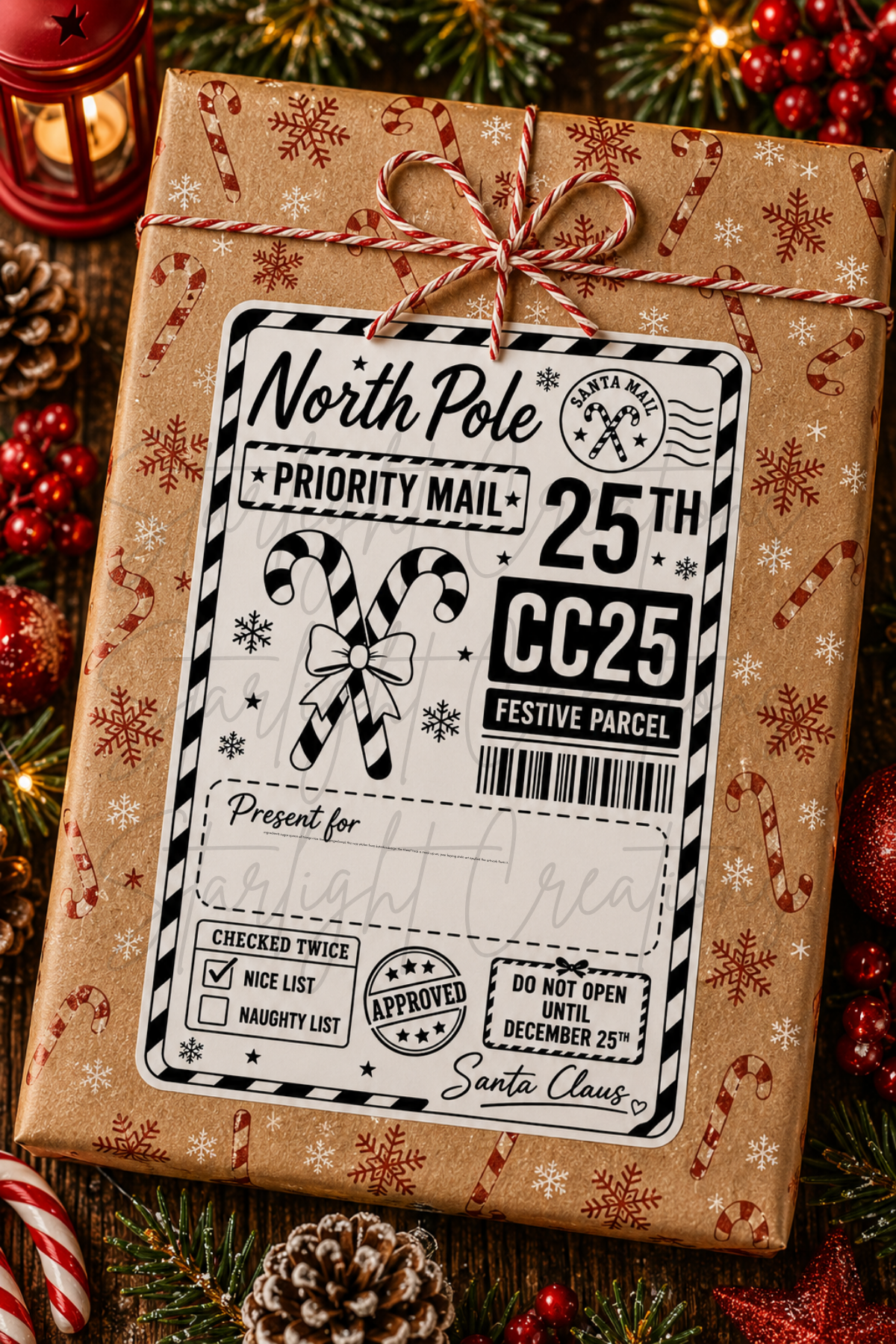 A Christmas-themed gift box wrapped in brown kraft paper with red holiday patterns, tied with red-and-white string. The front features a large festive label reading 'North Pole Priority Mail' with candy cane and snowflake illustrations, surrounded by pine branches, ornaments, and a lantern.