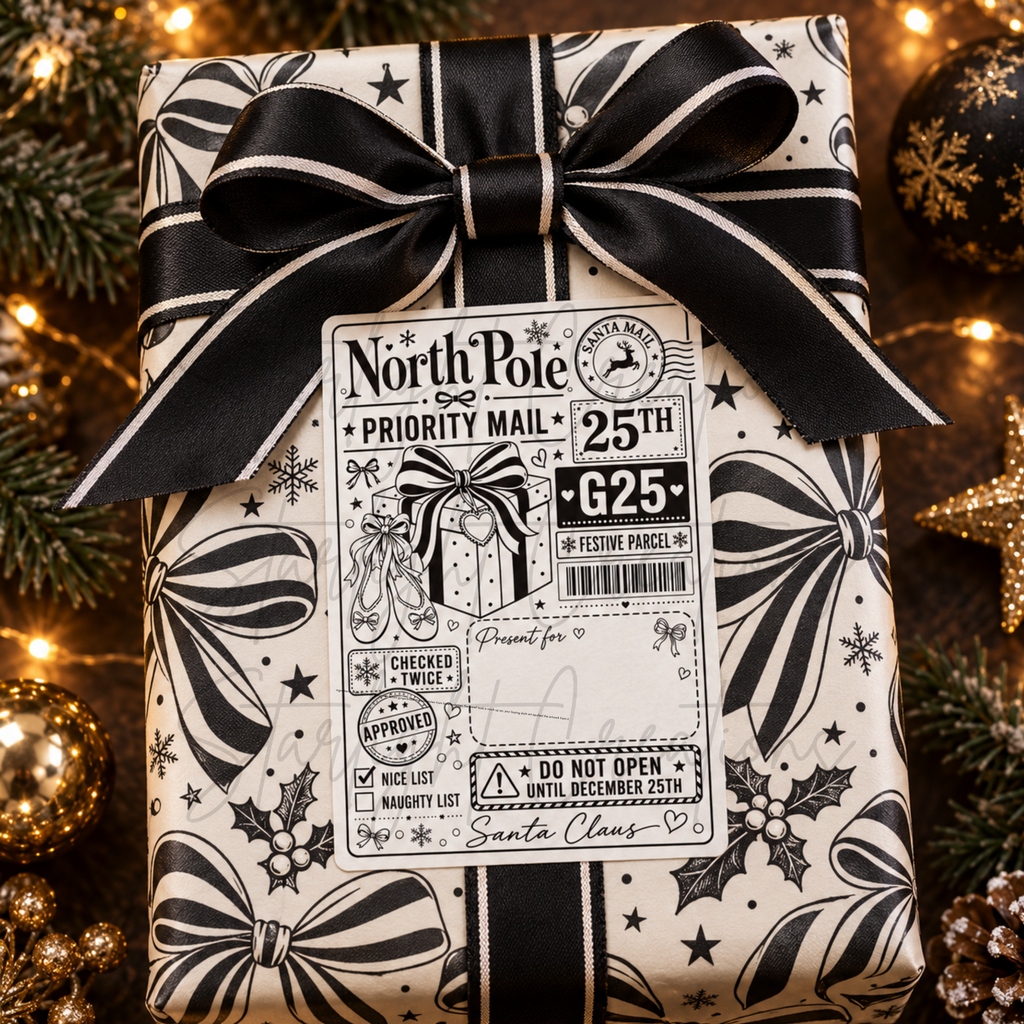 A Christmas gift box wrapped in cream wrapping paper with black holiday illustrations, a large black ribbon bow, and a vintage-style North Pole priority mail label, surrounded by warm holiday lights and pine branches.