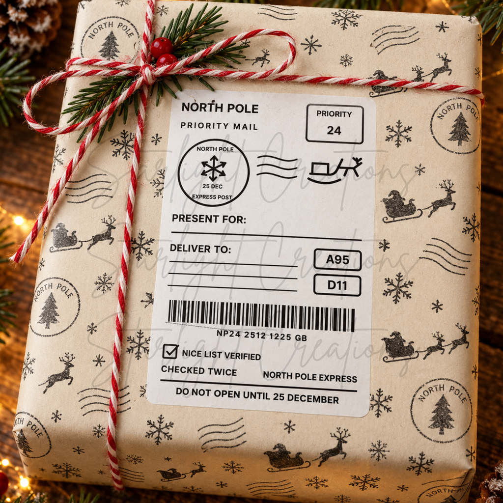 A wrapped gift box with Christmas-themed North Pole Express paper, tied with red-and-white striped twine and decorated with pine branches. The front has a large North Pole priority mail label with barcode, delivery fields, and holiday illustrations including snowflakes, sleighs, and reindeer.