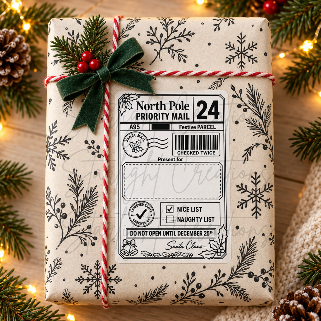 A wrapped gift box with a festive holiday design, featuring a cream-colored paper wrap with black snowflakes and pine branch illustrations, tied with red-and-white striped twine and a dark green bow. A North Pole Priority Mail shipping label is attached to the front.